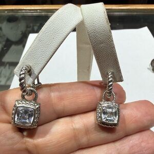 Judith Ripka Asscher Cut Dangling  Sterling Silver 1 1/8” Earrings